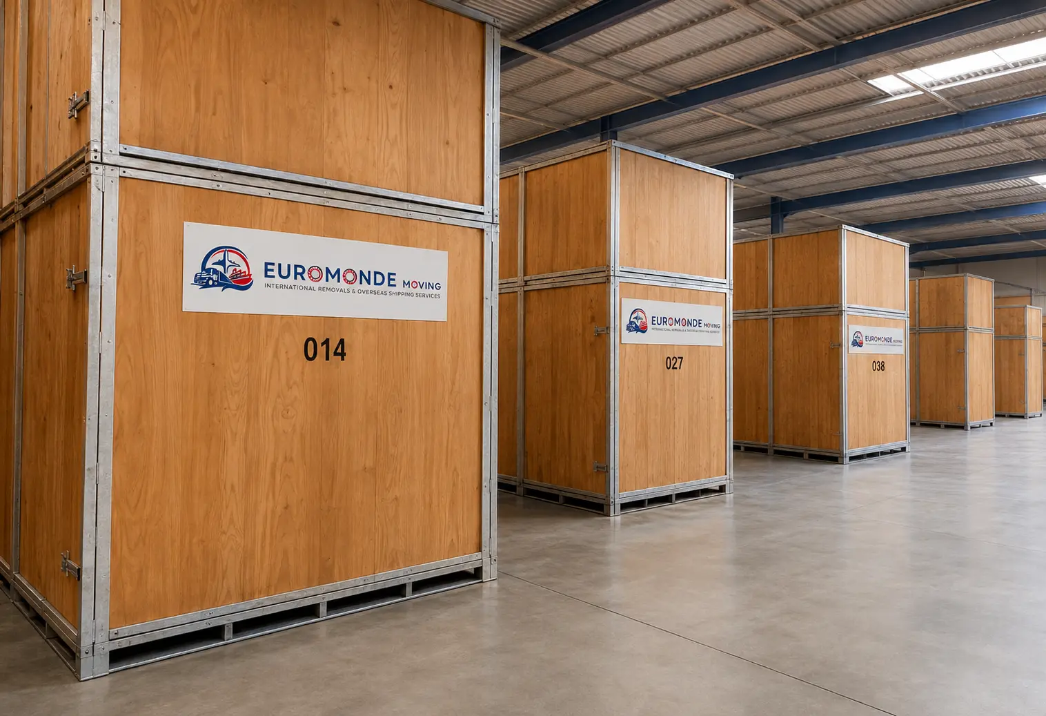 Caisses en bois numérotées dans le garde-meubles d’EuroMonde Moving