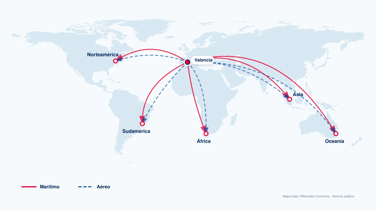 Itinéraires maritimes et aériens d’EuroMonde depuis Valence vers l’Amérique, l’Afrique, l’Asie et l’Océanie