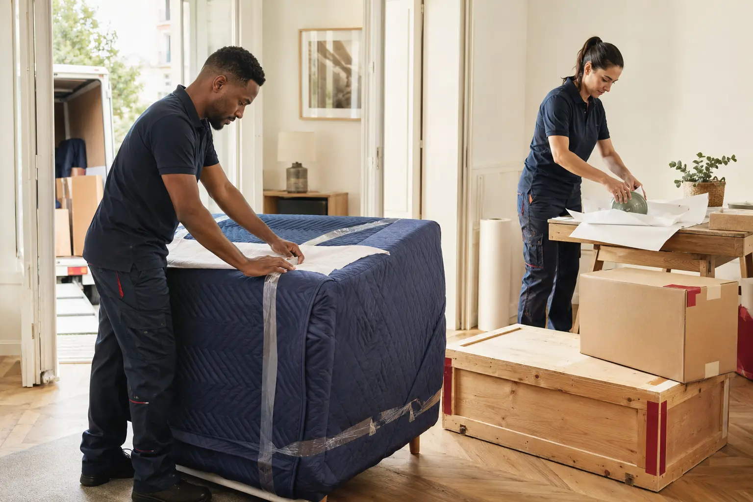 Professionnels emballant et protégeant du mobilier pour un déménagement international