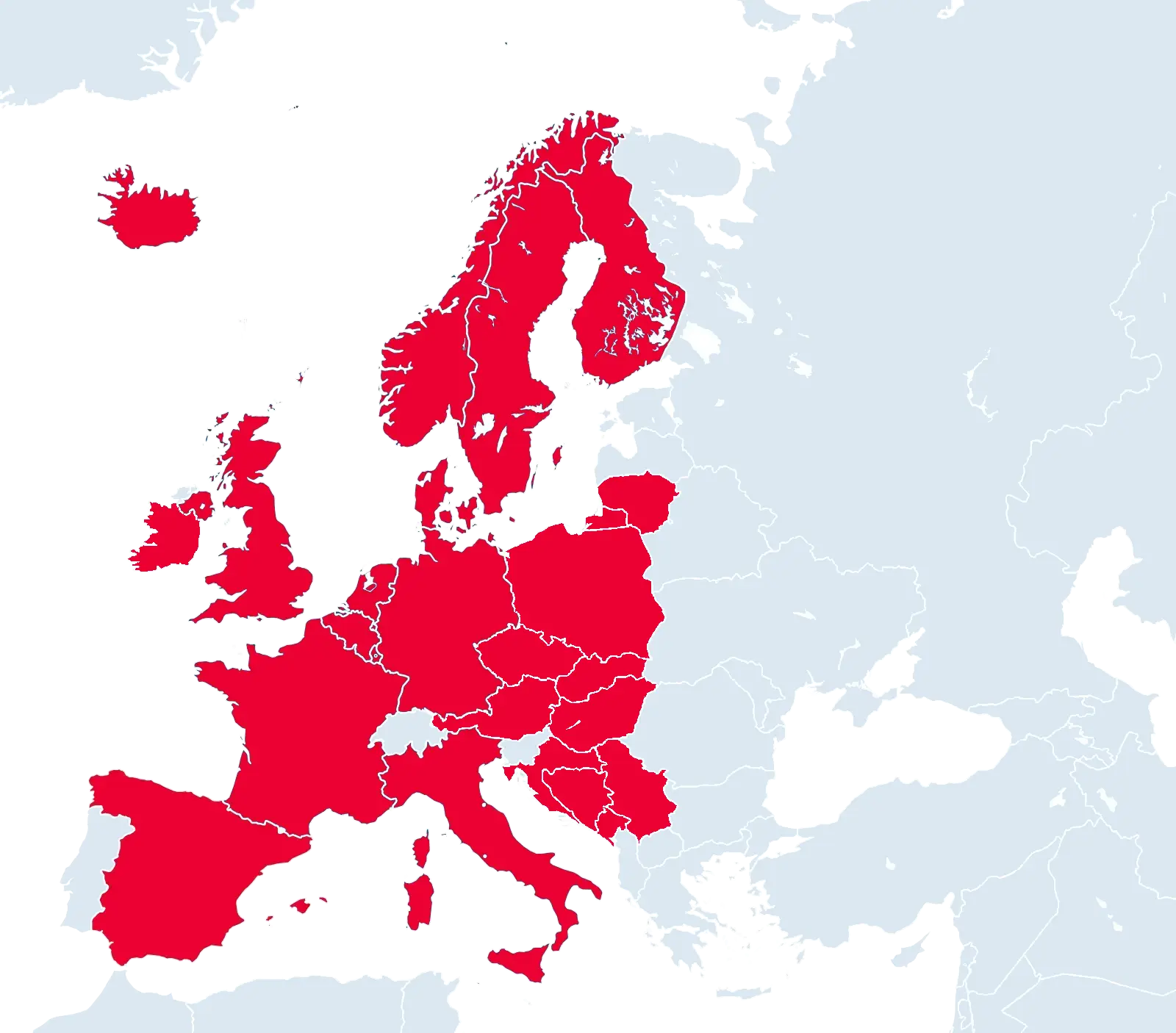 Carte des itinéraires habituels d’EuroMonde depuis Valence vers l’Espagne, le Portugal, la France, l’Allemagne, l’Italie, l’Irlande, le Royaume-Uni, le Benelux, les pays nordiques et l’Europe de l’Est