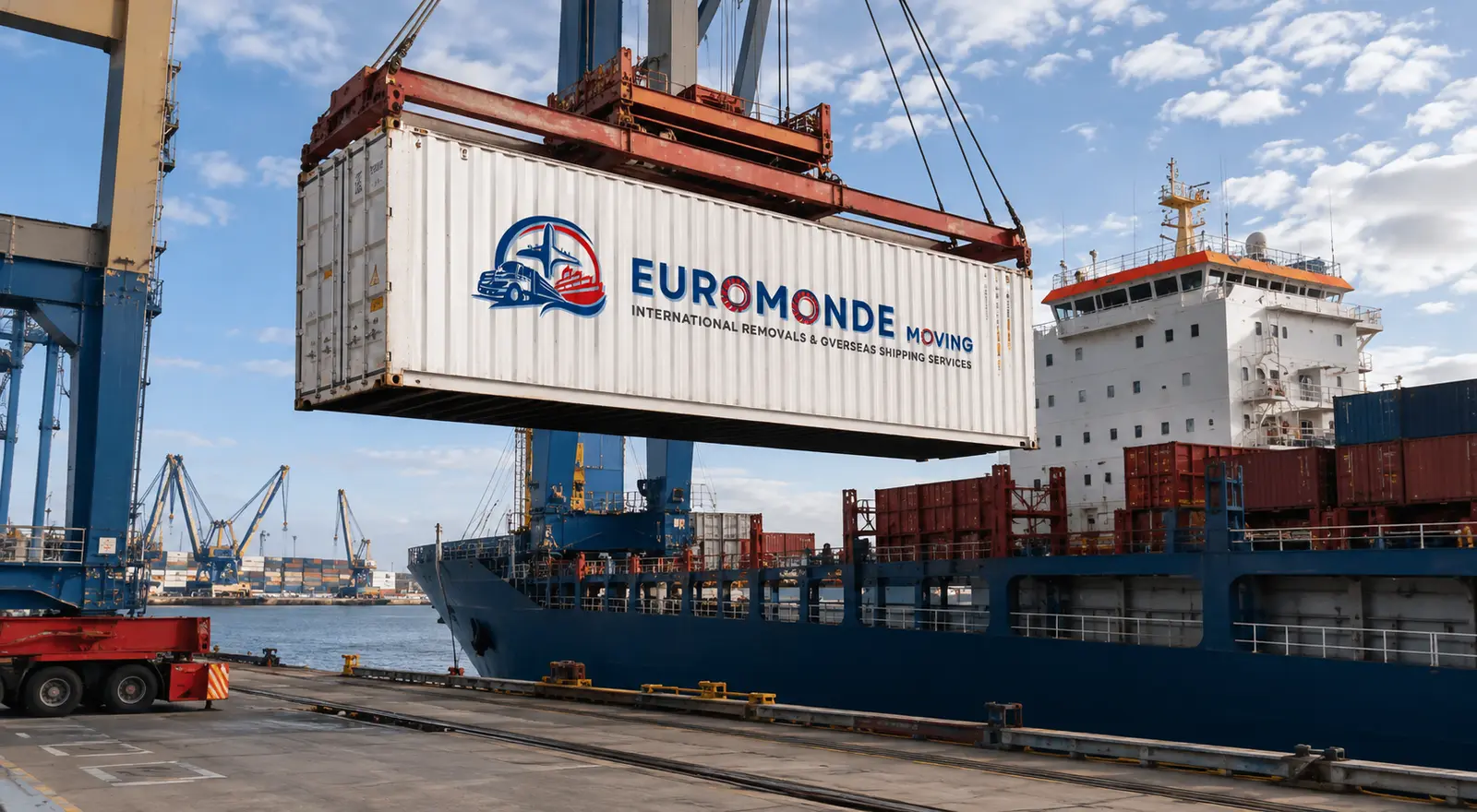 Conteneur EuroMonde Moving chargé sur un navire pour un transport international